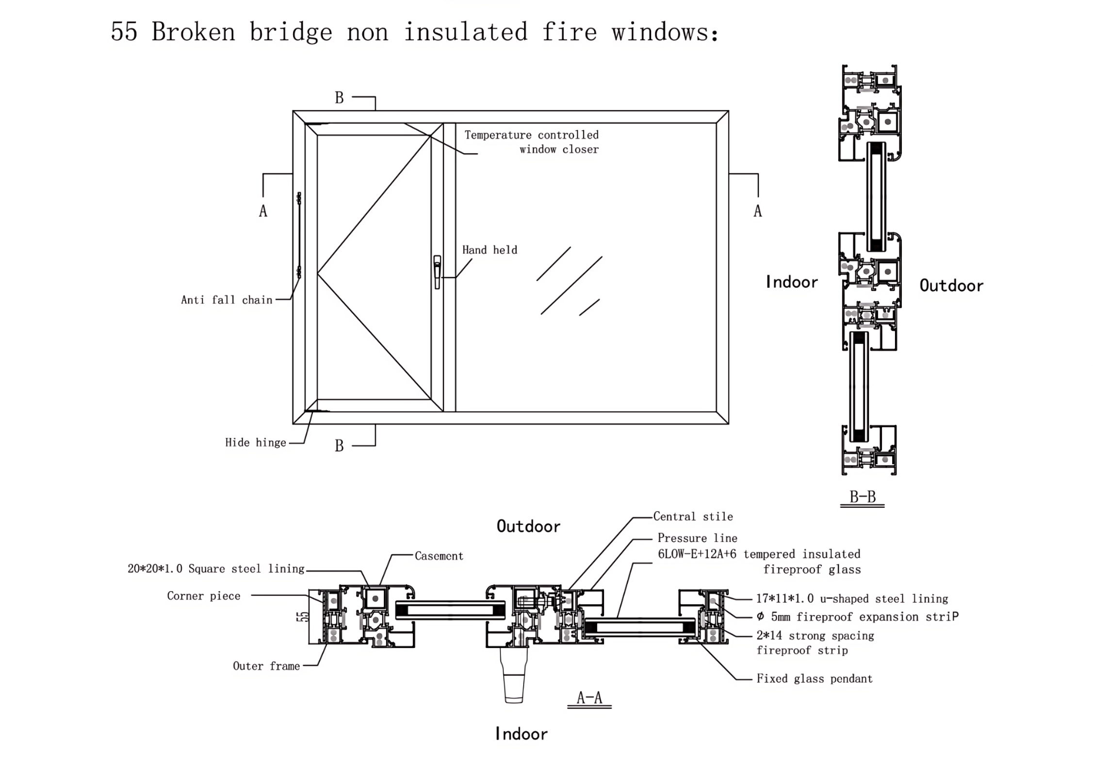 Изолированное закаленное огнестойкое стекло, алюминиевое огнестойкое окно с зажимом для проволоки, устойчивое к ударам урагана