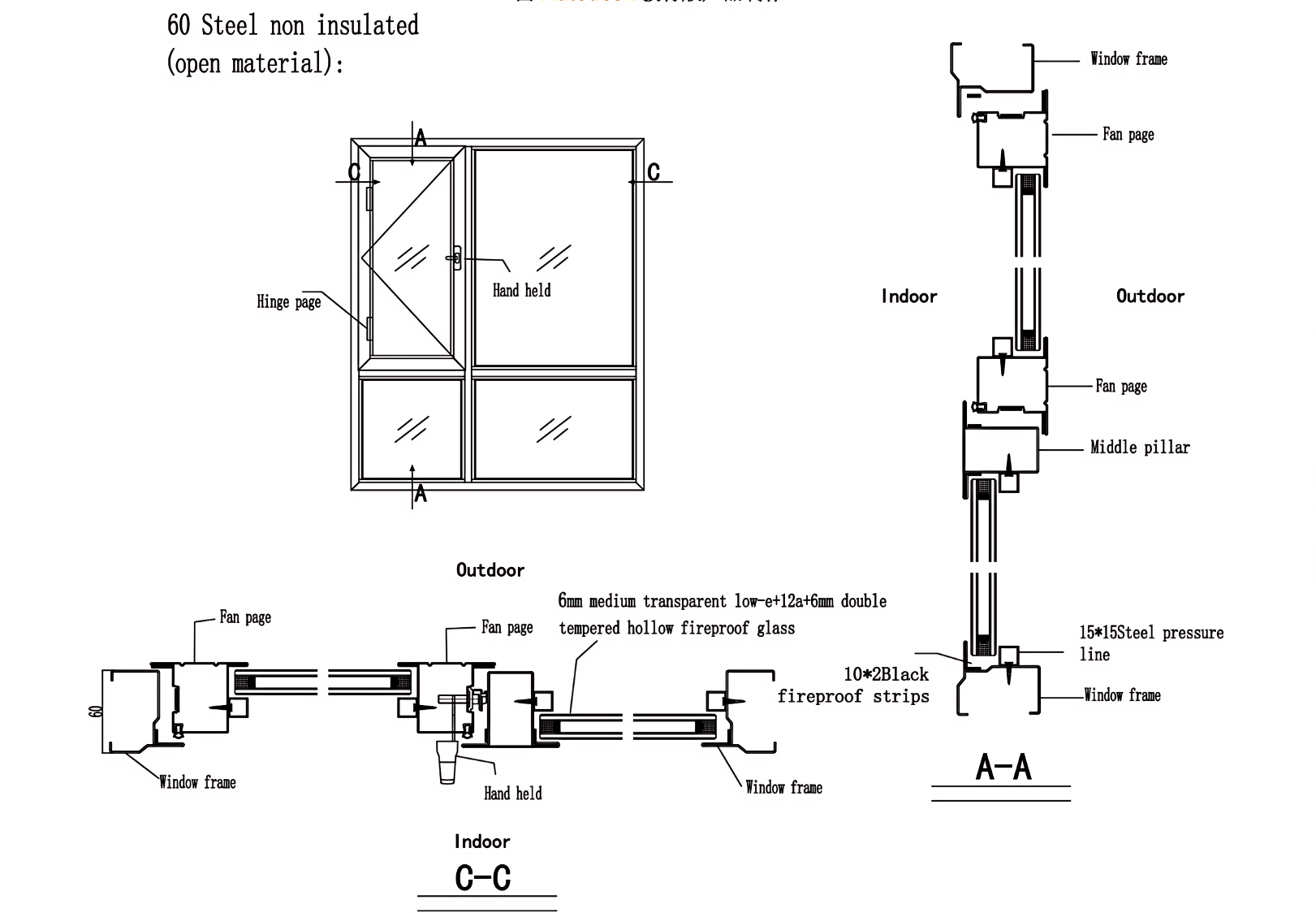 Система противопожарной защиты из ПВХ, стальные плоские раздвижные огнестойкие стеклянные окна
